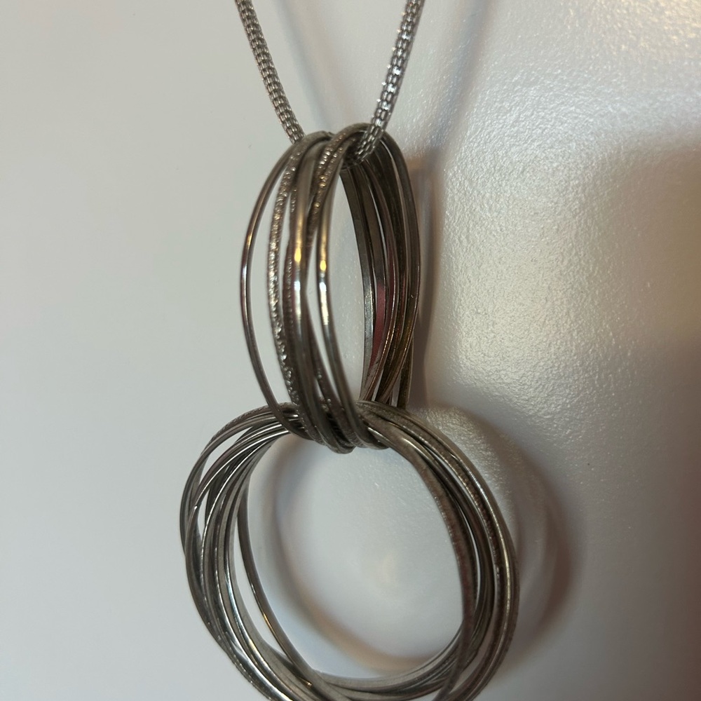 Elegant Silver Hoop Pendant Necklace 32”